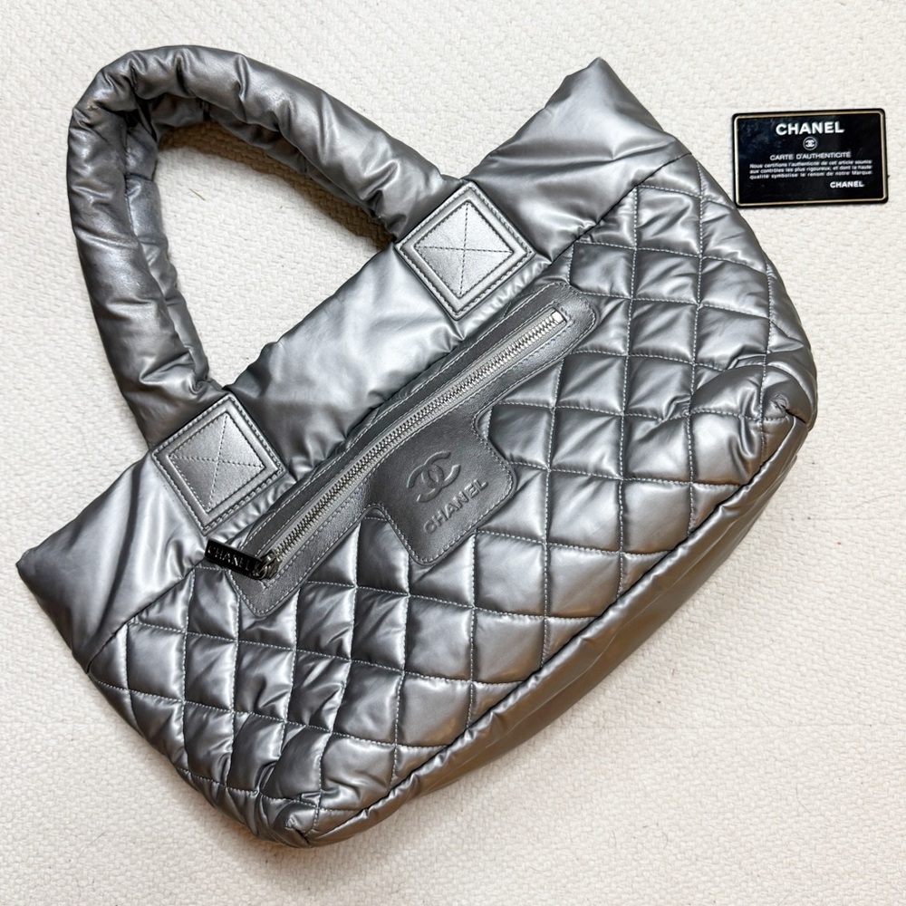 CHANEL metallic silver quilted nylon Coco Cocoon tote bag authentic